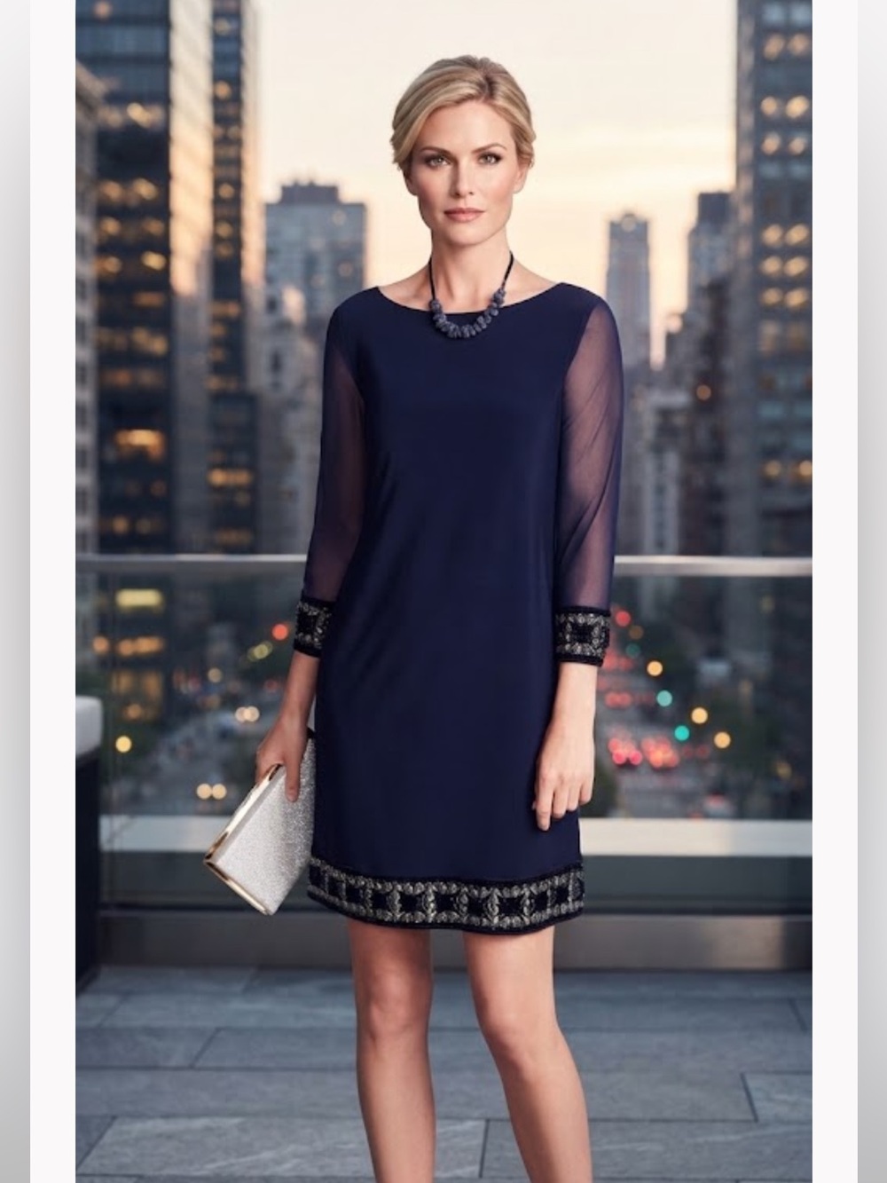 NWOT Gorgeous Velvet Trim Chiffon Embroidered Blue Midi Dress SZ-10